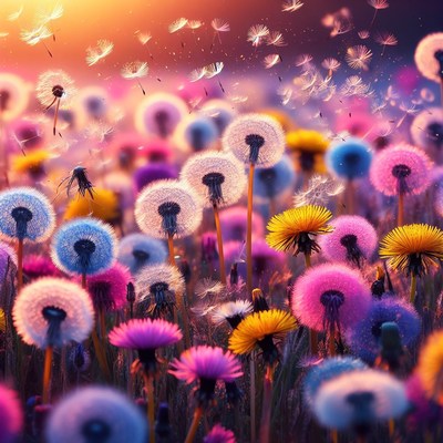 Colorful dandelion field at sunset