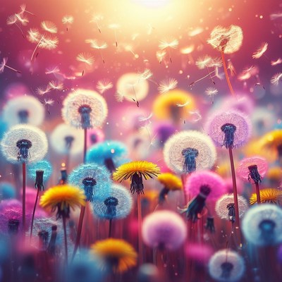 Colorful dandelion field at sunset