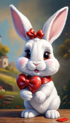 White bunny with red bow
