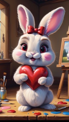 White rabbit holds heart in studio