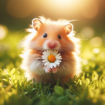 Hamster holding daisy in grass