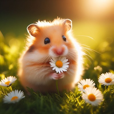 Hamster holding daisy in a field