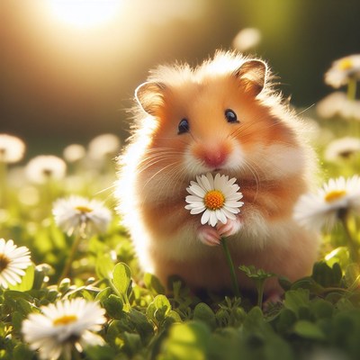 Hamster holding daisy in field