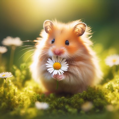 Hamster holding daisy in grass