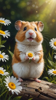 Hamster holding daisy in field