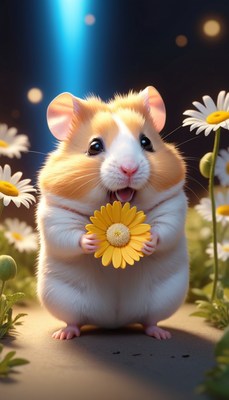 Happy hamster holding flower
