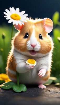 Cute hamster holding flower