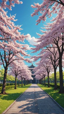 Cherry blossom path to temple