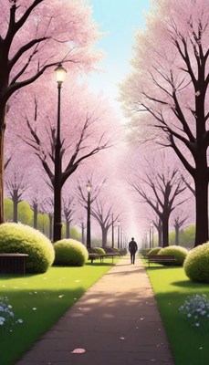 Man walking through cherry blossom park