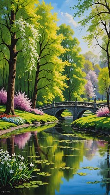 Stone bridge over tranquil pond