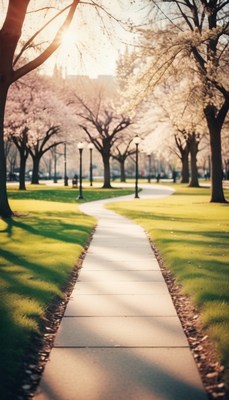 Park path under cherry blossoms
