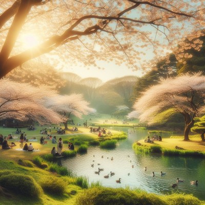 Cherry blossom picnic by the pond