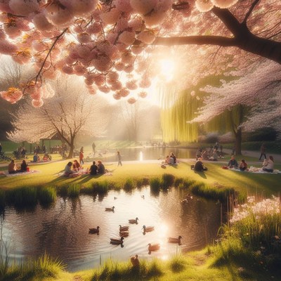 Park pond with blooming trees