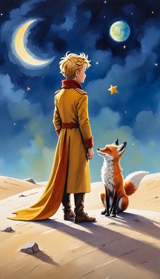 The little prince and the fox under the night sky