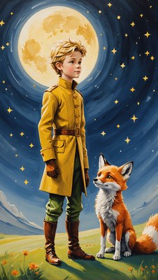 The little prince and the fox under the moon