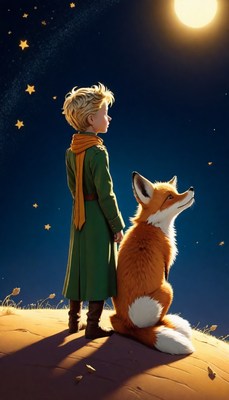 The little prince and fox under a full moon