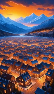 Snowy village at sunset