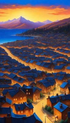 Mountain village at sunset
