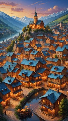 Mountain village at dusk