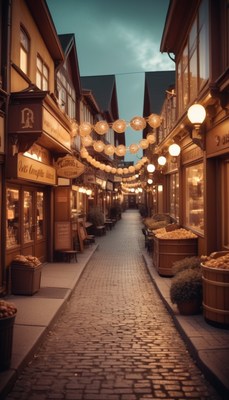 Cobblestone alleyway with string lights