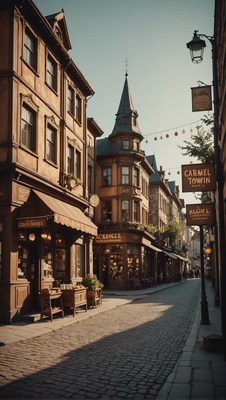 Cobblestone street in european city at sunset