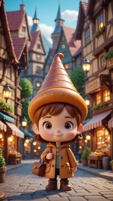 Girl in brown hat walking through town