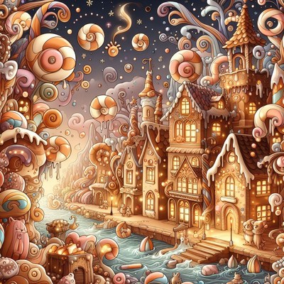 Gingerbread town at night