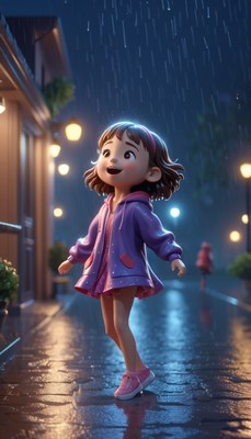 Girl dancing in rain at night