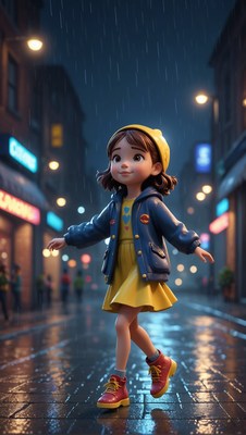 Girl walking in rain at night