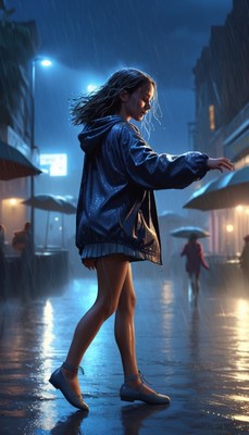 Woman walking in rain at night