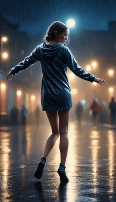 Woman dancing in rain at night