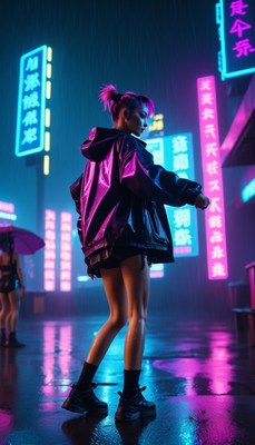 Woman posing in neon-lit city street