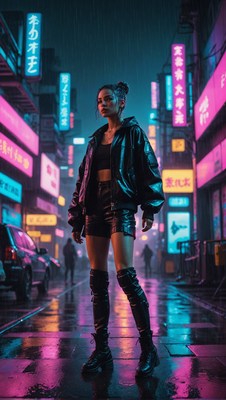 Woman in leather jacket on neon-lit street