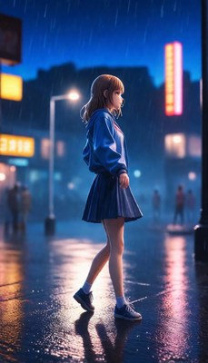 Anime girl walking in rain at night