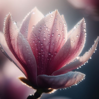 Pink magnolia blossom with dew drops