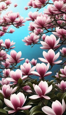 Magnolia blossoms against blue sky