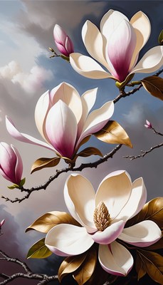 Magnolia blossoms against cloudy sky