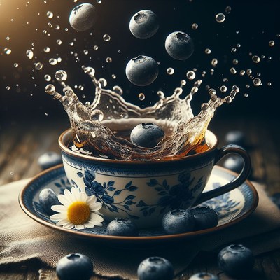 Blueberries splashing in teacup