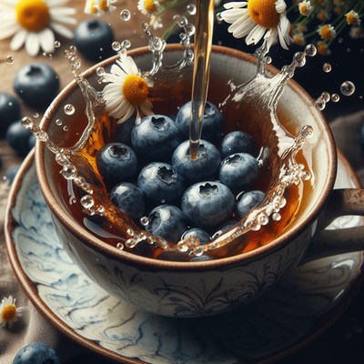 Blueberries splashing in teacup