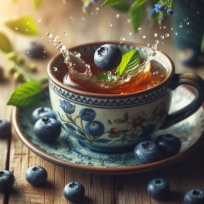 Blueberry splashing into teacup