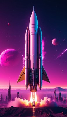Rocket launch over futuristic city