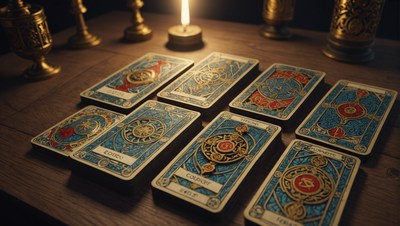 Tarot cards spread on wooden table