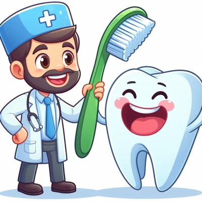 Dentist and tooth with toothbrush