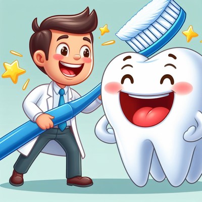 Dentist brushing cartoon tooth
