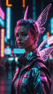 Woman with neon butterfly wings in city