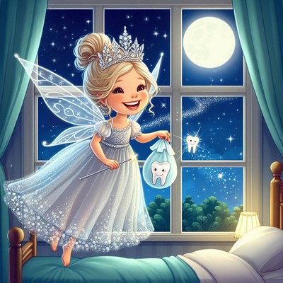 Tooth fairy flying with tooth
