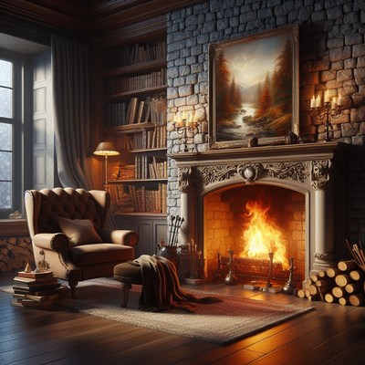 Cozy fireplace in a library room