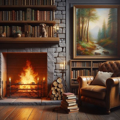 Cozy fireplace and bookshelf
