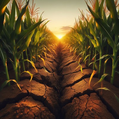 Cornfield row at sunset