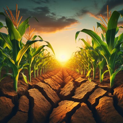 Cornfield row at sunset